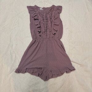 Angashion Mauve Crochet Lace Ruffle Romper XXL Swiss Dot Coquette Cottagecore